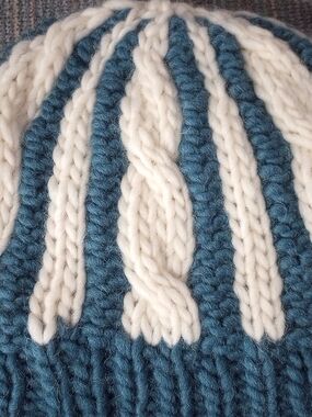 Chunky Cable Knit Beanie in Blue and Cream